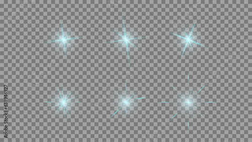 Glowing lights effect, flash, explosion and stars. Special effect isolated on dark background. Transparent background. Pack.
