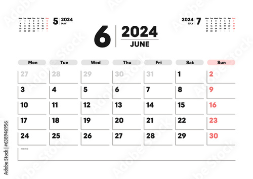 2024年6月のカレンダー - 月曜始まりの月めくりカレンダー - 3ヶ月分･祝日表記なし･A版比率
