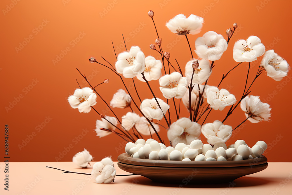 Minimal scene of a podium with cotton flowers on an orange background, rendered in 3D. Minimal scene of a podium with cotton flowers on an orange background, rendered in 3D.