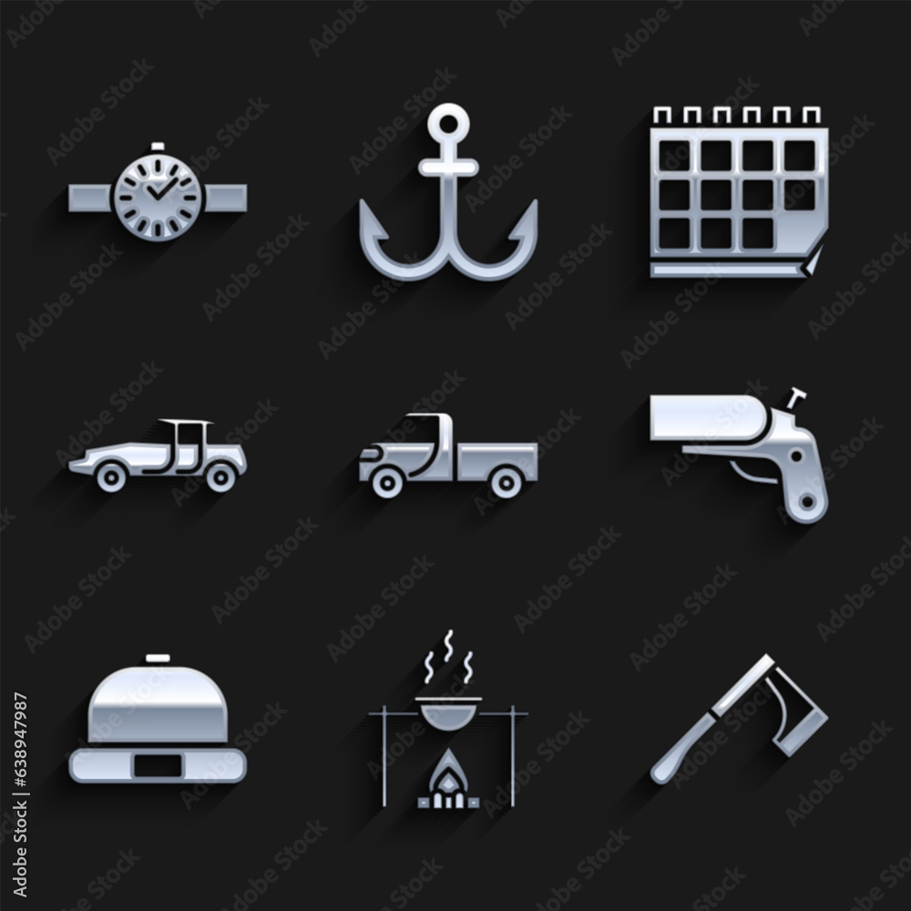 Set Pickup truck, Campfire and pot, Wooden axe, Flare gun pistol, Beanie hat, Car, Calendar and Wrist watch icon. Vector Set Pickup truck, Campfire and pot, Wooden axe, Flare gun pistol, Beanie hat, Car, Calendar and Wrist watch icon. Vector
