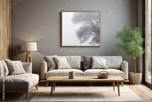 Mockup canvas frame on the wall. Scandinavian living room with a big template of a painting picture on the wall. Simple design with natural materials and neutral colors. 3d rendering © RBGallery