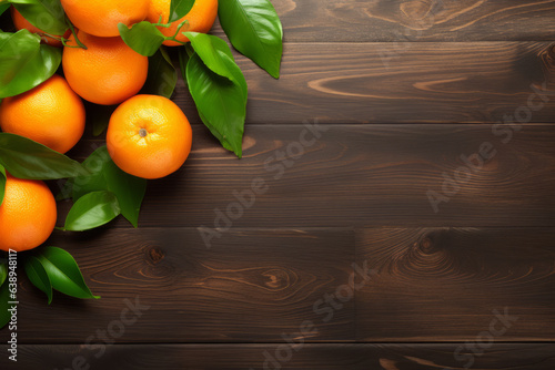 Beautiful empty background of boards and tangerines with green leaves in the left part of the photo with a place for inscriptions, a product or a logo. generative ai 