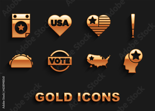 Set Vote, Baseball bat, USA Head, map, Taco with tortilla, Independence day, Calendar date July 4 and icon. Vector