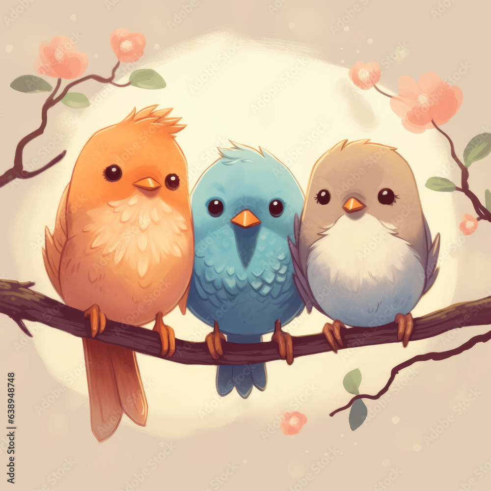 Three birds perched on a tree branch