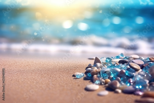 Abstract sea ocean water background. Sandy summer beach landscape background, defocused bokeh blurred lights on light blue sky with sunlight. Beautiful banner wallpaper for design.