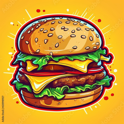A colorful pop art illustration of a cheeseburger on a vibrant yellow background