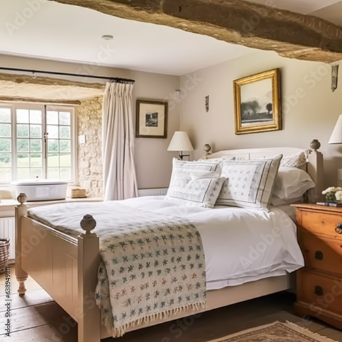 Cottage bedroom decor  interior design and holiday rental  bed with elegant bedding linen and antique furniture  English country house and farmhouse style