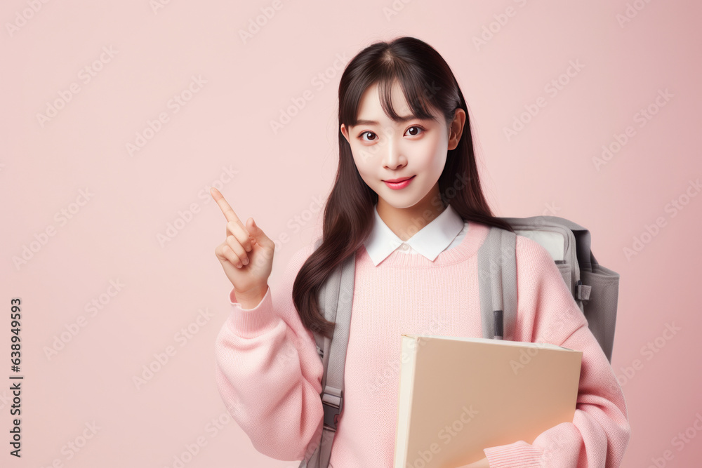 Beautiful Asian girl or schoolgirl student with a backpack and a book on a beautiful pink background. generative ai
Beautiful Asian girl or schoolgirl student with a backpack and a book on a beautiful pink background. generative ai
