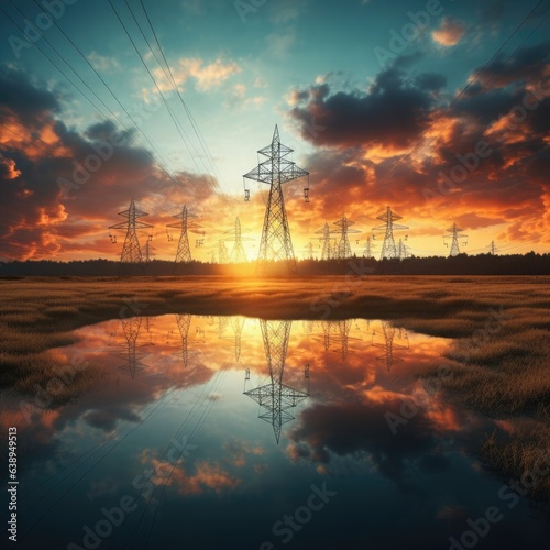sunset over the lake with the high electricity wire