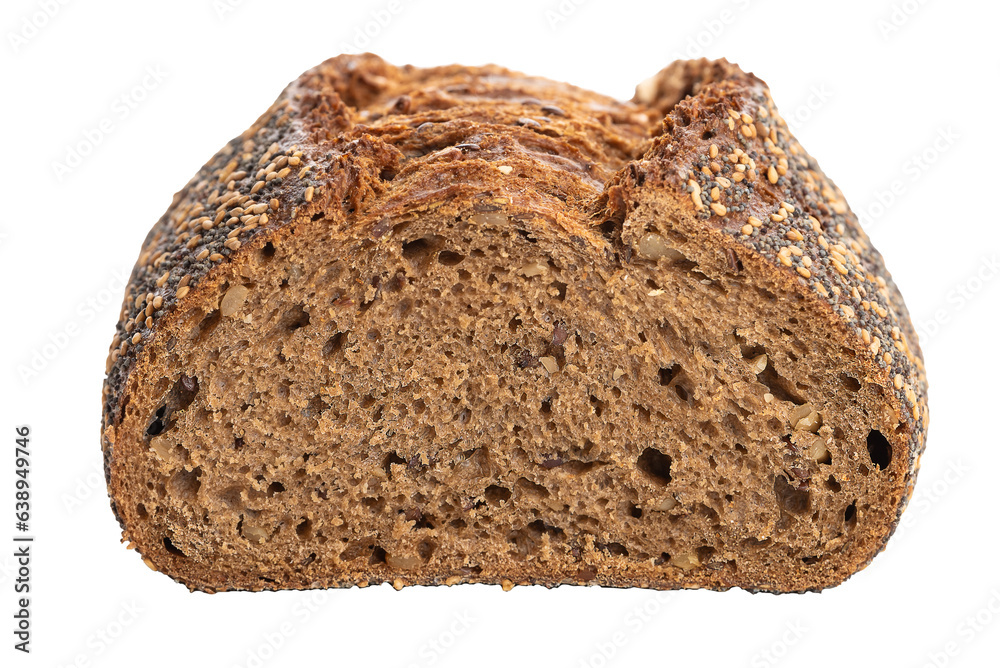 PNG, Dark rye bread with poppy seeds, sesame seeds, and others. Isolate on a white background.