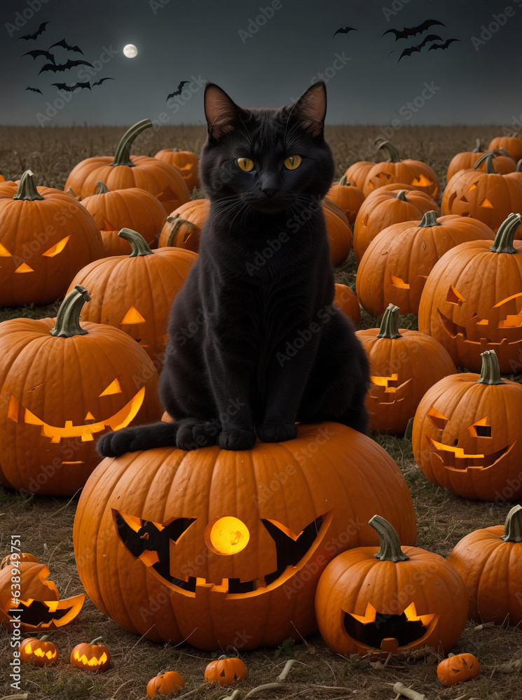 A ghostly Halloween cat with a pumpkin-shaped body, illuminated by a full moon. A ghostly Halloween cat with a pumpkin-shaped body, illuminated by a full moon.