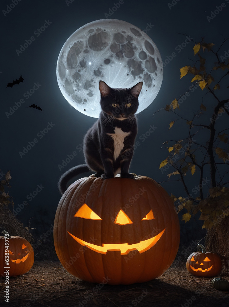 A ghostly Halloween cat with a pumpkin-shaped body, illuminated by a full moon. A ghostly Halloween cat with a pumpkin-shaped body, illuminated by a full moon.