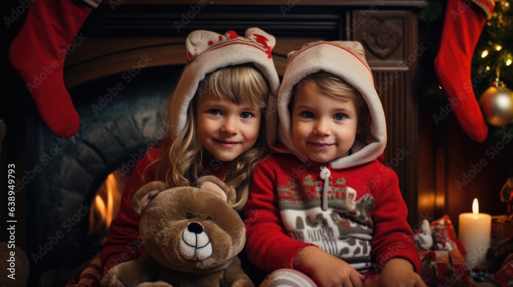 Two little girls sitting next to each other in front of a fireplace Two little girls sitting next to each other in front of a fireplace