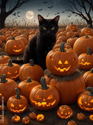 A ghostly Halloween cat with a pumpkin-shaped body, illuminated by a full moon.