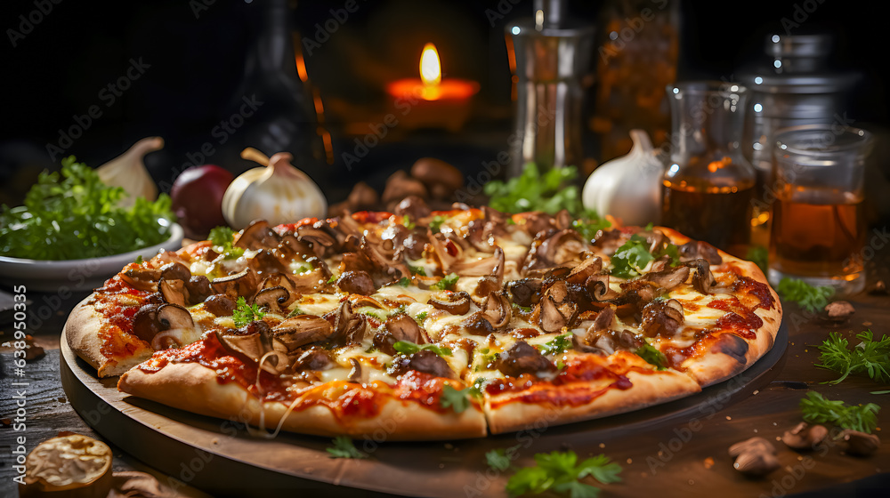 Pizza with fresh mushrooms (Generative AI)