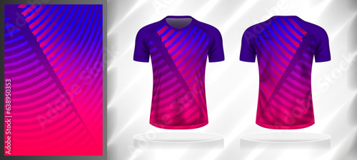 Vector sport pattern design template for V-neck T-shirt front and back with short sleeve view mockup. Purple-blue-pink color abstract line texture background illustration.