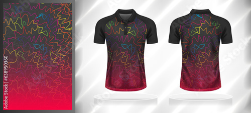 Vector sport pattern design template for Polo T-shirt front and back with short sleeve view mockup. Shades of grey-pink-blue-green-yellow color gradient abstract line texture background illustration.