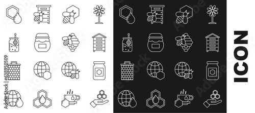 Set line Honeycomb and hand, Jar of honey, Hive for bees, Bee honeycomb, dipper stick, and icon. Vector