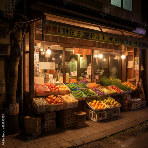 Fruit shop at night in Paris, France. Toned image.Generative AI