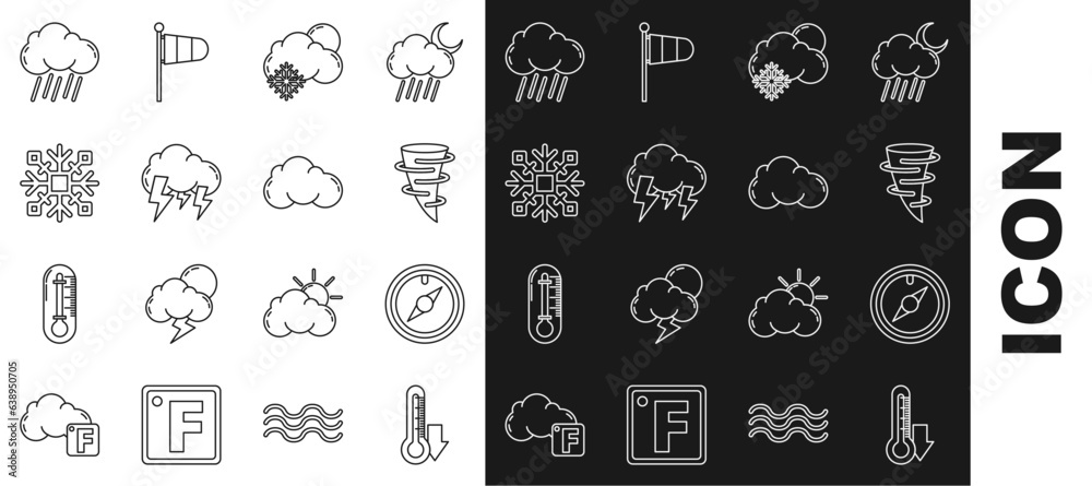 Set line Thermometer, Wind rose, Tornado, Cloud with snow and sun, Storm, Snowflake, rain and icon. Vector Set line Thermometer, Wind rose, Tornado, Cloud with snow and sun, Storm, Snowflake, rain and icon. Vector