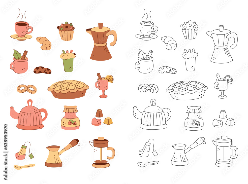 A large set on the theme of tea, coffee and pastries. Black and white and color clipart vector illustration.