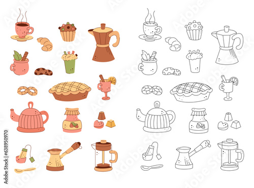 A large set on the theme of tea  coffee and pastries. Black and white and color clipart vector illustration.