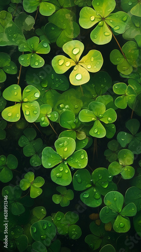 Green leaves with glistening water droplets, reminiscent of a lucky four-leaf clover