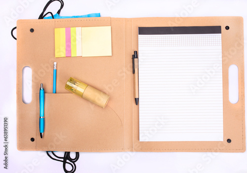 Open folder with school or office supplies, isolated.