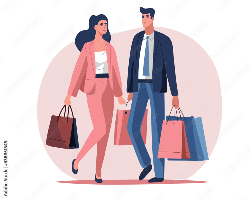 Man and woman with shopping bags, total sale, black friday, vector illustration