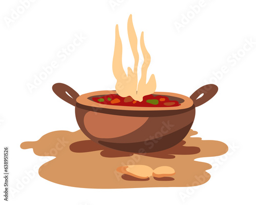 Pot with food cooked on fire, vector illustration