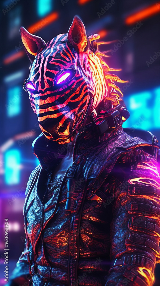 Illustration of a man wearing a neon tiger mask and leather jacket in a futuristic cyberpunk setting