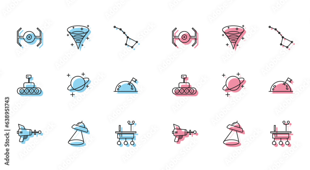 Set line Ray gun, UFO flying spaceship, Cosmic, Mars rover, Planet, with flag, and Black hole icon. Vector Set line Ray gun, UFO flying spaceship, Cosmic, Mars rover, Planet, with flag, and Black hole icon. Vector