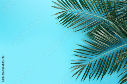 Beautiful blue background with fern leaves on the sides with space for inscriptions or logos. generative ai  © Ivan
