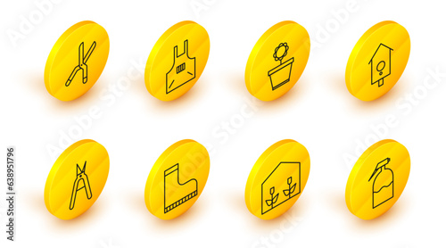 Set line Garden sprayer, Home greenhouse and plants, Waterproof rubber boot, Gardening handmade scissors, Retro wall watch, Flower pot, Kitchen apron and icon. Vector