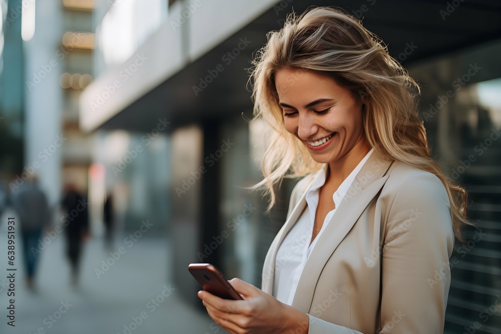 businesswoman smiling while using her cell phone businesswoman smiling while using her cell phone