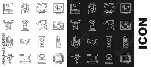 Set line Processor with microcircuits CPU, Printed board PCB, Assembly line, Antenna, Drone delivery concept, 3D printer and Industrial machine robotic robot arm hand factory icon. Vector