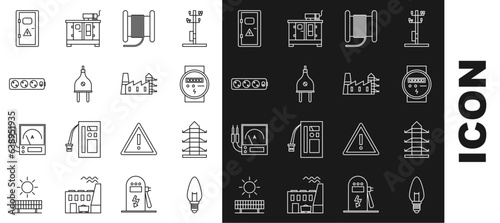 Set line Light bulb, High voltage power pole line, Electric meter, Wire electric cable on reel or drum, plug, extension cord, Electrical cabinet and Power station plant and factory icon. Vector