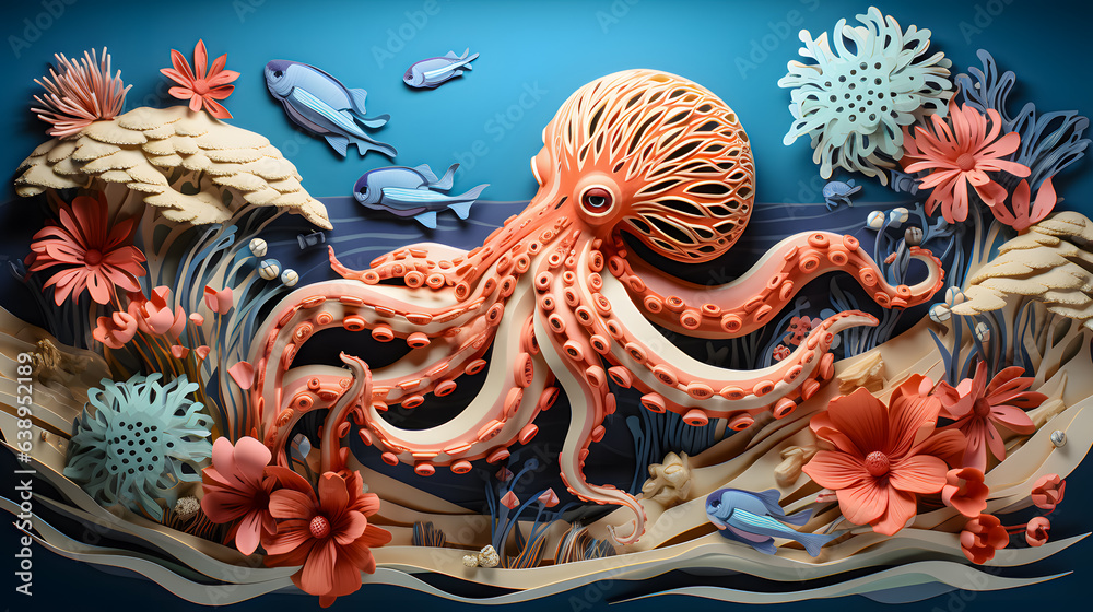 an octopus in the sea, paper art (Generative AI)