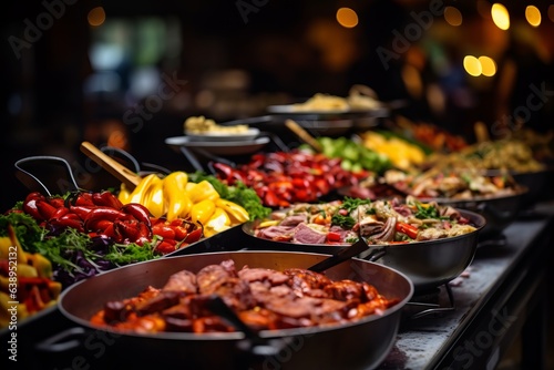 Catering buffet food in restaurant or cafe with meat and vegetables