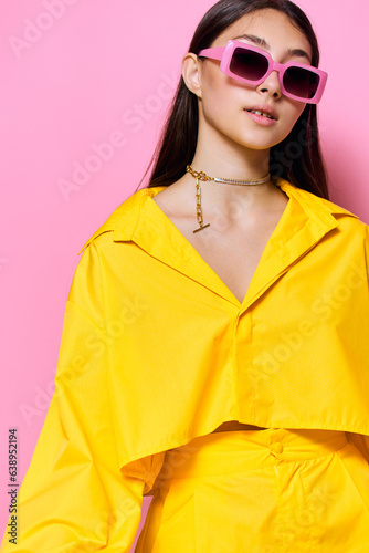 fashion woman lifestyle sunglasses yellow trendy beautiful attractive young girl joyful