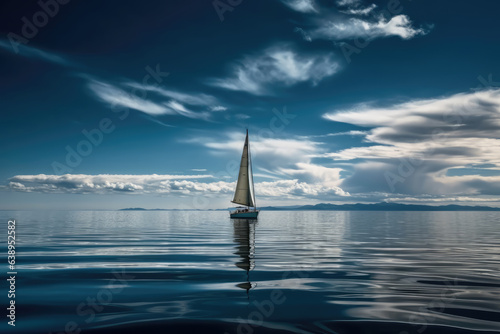 Isolated Sailboat on Blue Water and Sky with Clouds, Generative AI
