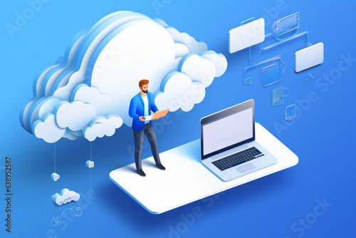 Theme of product cloud storage and processing and monitoring. Tech isometric. blank laptop screen. Cloud data storage. generative ai
