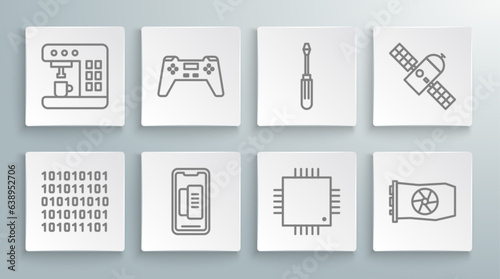 Set line Binary code, Gamepad, Smartphone, mobile phone, Processor with microcircuits CPU, Video graphic card, Screwdriver, Satellite and Coffee machine icon. Vector