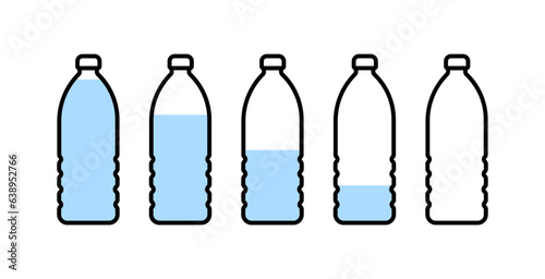 Simple plastic water bottle with different water level illustration, icon set.