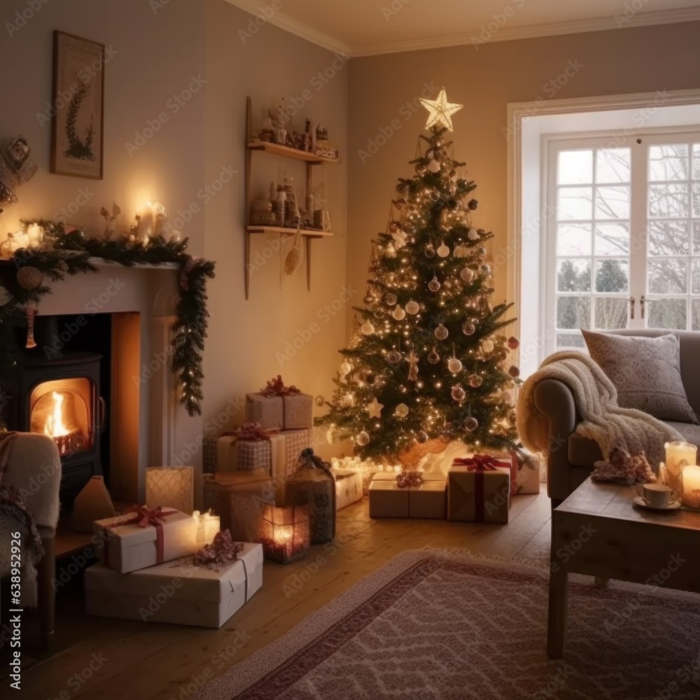 Decorated for Christmas holiday part of small living room with fireplace, lot of gifts and Christmas tree. Square format. Generated AI. Decorated for Christmas holiday part of small living room with fireplace, lot of gifts and Christmas tree. Square format. Generated AI.