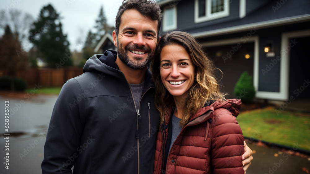 Happy young couple standing in front of new home Happy young couple standing in front of new home
