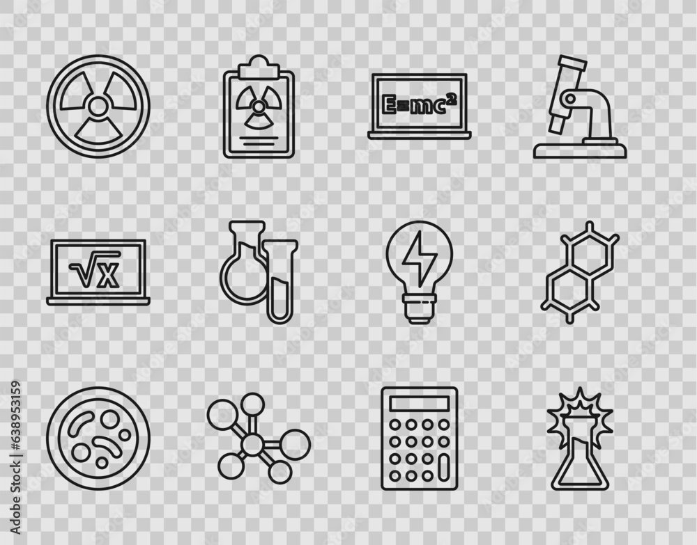 Set line Bacteria, Test tube and flask, Equation solution, Molecule, Radioactive, Calculator and Chemical formula icon. Vector Set line Bacteria, Test tube and flask, Equation solution, Molecule, Radioactive, Calculator and Chemical formula icon. Vector