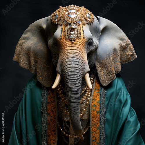 Portrait of an elephant dressed in a suit and sunglasses with a black background. generative ai photo