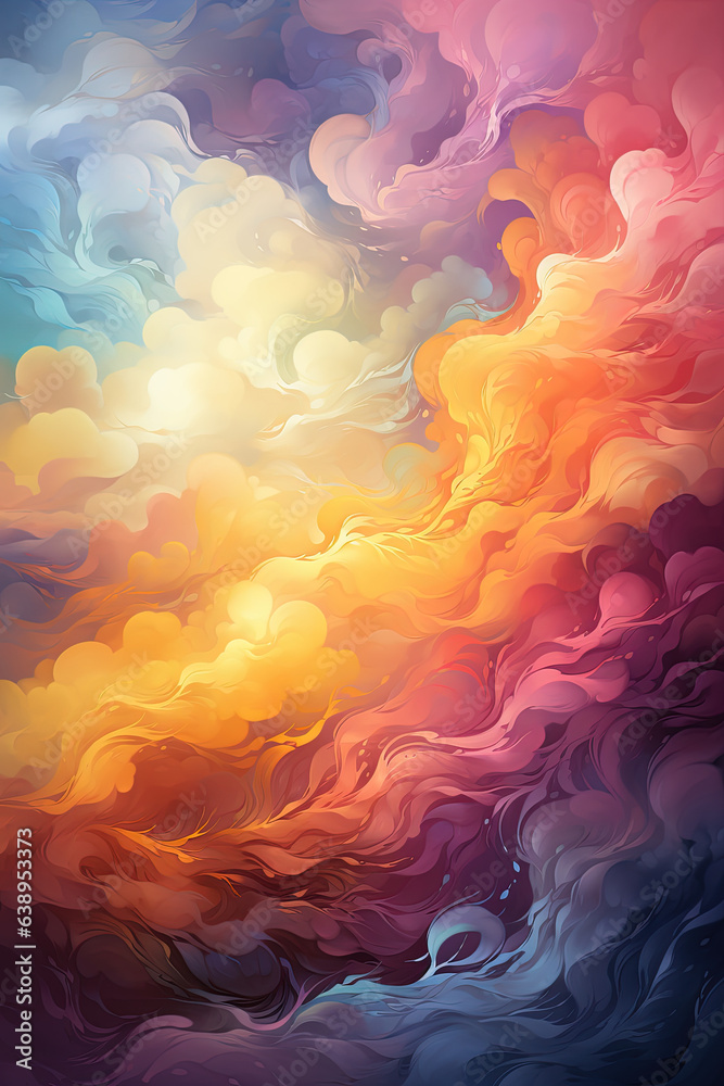 Oil Painting, Watercolor, Digital Art: Wavy Rainbow Clouds of Purple, Yellow, and Bright Orange. Free Brushwork, Smoky Background Gradient Color Style. Bright Colors Illustration Background
