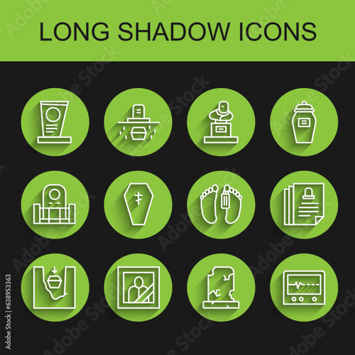 Set line Coffin in grave, Mourning photo frame, Grave with tombstone, Old, Beat dead monitor, cross, Death certificate and Dead body icon. Vector